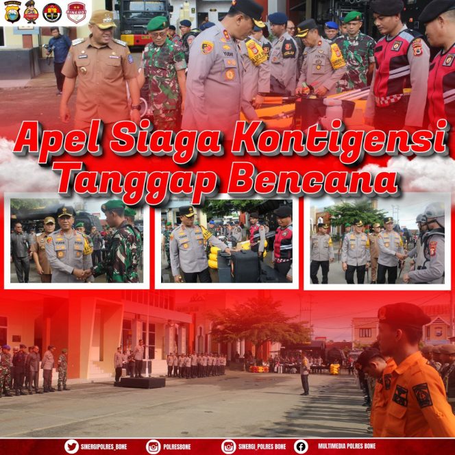 
 Mengawali Kunjungannya, Kapolda Sulsel Pimpin Apel Siaga Kontigensi Tanggap Bencana di Polres Bone