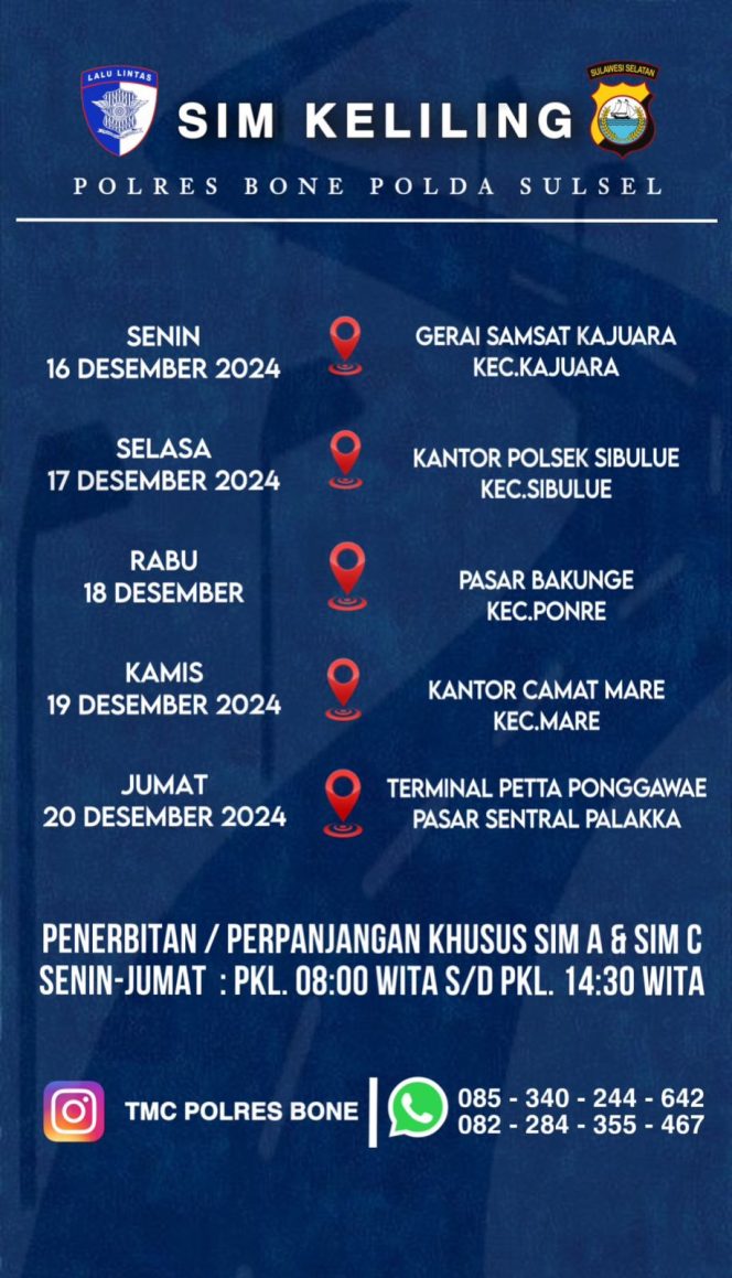 
 Sat Lantas Polres Bone Rilis Jadwal Pelayanan SIM Keliling Bulan Desember 2024