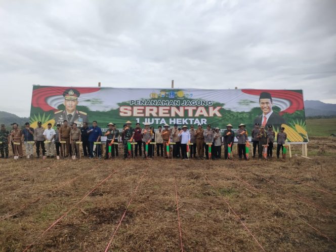 
 Polri bersama forkopimda melaksanakan Penanaman Jagung Serentak Satu Juta Hektar Dalam Mendukung Swasembada Pangan 2025 didesa Bolli kecamatan Ponre