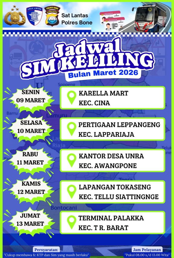 
 Lima Lokasi Layanan SIM Keliling Satlantas Polres Bone Senin 9 -13 Maret 2026