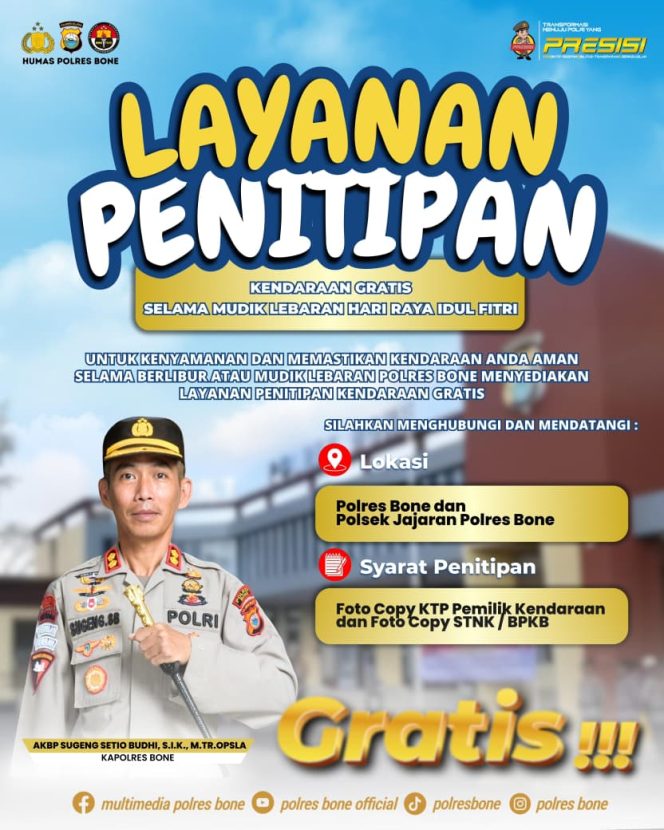 
 Polres Bone Buka Layanan Penitipan Kendaraan dan Barang Berharga Gratis bagi Pemudik Idul Fitri 1447 H