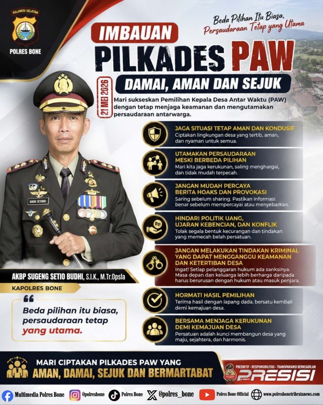 
 Polsek Mare Sosialisasikan Imbauan Kapolres Bone Terkait Pilkades PAW 21 Mei 2026, Wujudkan Pemilihan Damai, Aman dan Sejuk