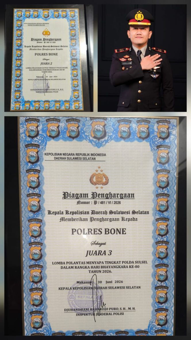 
 Satlantas Polres Bone Raih Dua Penghargaan Bergengsi Di HUT Bhayangkara Ke-80