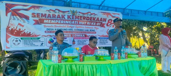 
 Semangat Kemerdekaan HUT RI Ke-81 di Desa Kampuno, Kapolsek Barebbo Buka Langsung Rangkaian Perlombaan