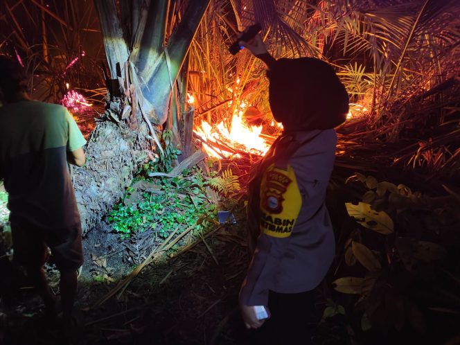 
 Polsek Barebbo Bersama Warga Berupaya Padamkan Kebakaran Lahan Kebun Sagu di Desa Samaelo